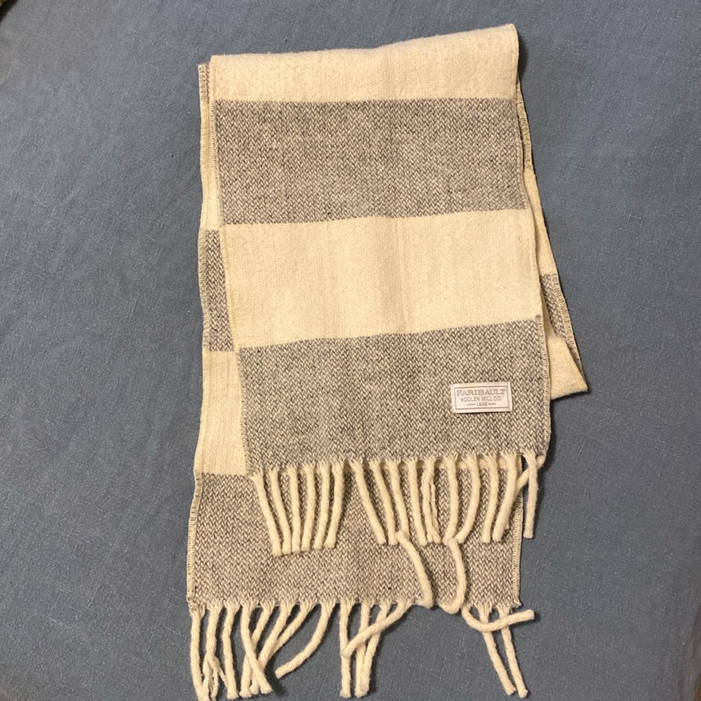 White and grey stripe 100% wool scarf by Faribault Woolen Mills Made in USA